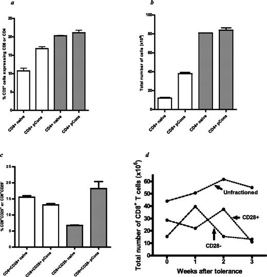 FIGURE 1. Tolerization with pCons expands CD8+ T cells. a, FACS analysis on CD3+CD8+ and CD3+CD4+ T cells from untreated (naive) mice and mice treated 1 wk earlier with 1 mg of pCons i.v. (p < 0.0006 by ANOVA for CD8+ T cells, NS for CD4+ T cells). Mean ± SD from two experiments. b, Total number of CD8+ and CD4+ T cells in BWF1 mice untreated or tolerized with pCons (∗, p < 0.02 by t test). c and d, Expansion of CD8+ T cells in tolerized mice is mostly in the CD28− population at 1 wk after tolerization (p < 0.003 by ANOVA). Mean of four experiments each containing three to six mice per group.