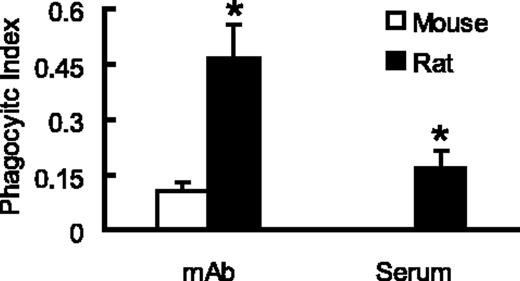 FIGURE 5. Phagocytic indices for AM from Fischer and BALB/c mice. mAb (18B7) and serum were used as opsonins. Bars represent 1 SD. ∗, p < 0.05 for comparison between rat and mouse. This experiment was repeated several times with similar results.