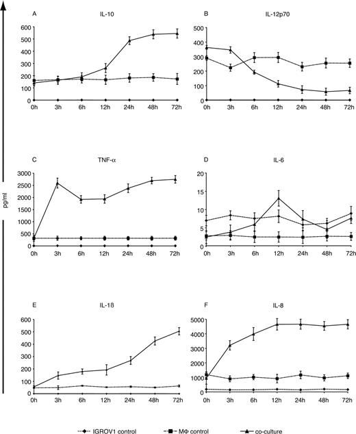 FIGURE 2. Inflammatory cytokine protein secreted into culture supernatant. IGROV1 alone (♦), macrophage alone (▪), or coculture supernatants (▴) were harvested at the time points indicated. Cytokine concentrations were measured using a cytometric bead array. Values represent mean ± SD (n = 3). IL-10 (A), IL-12p70 (B), TNF-α (C), IL-6 (D), IL-1β (E), and IL-8 (F).