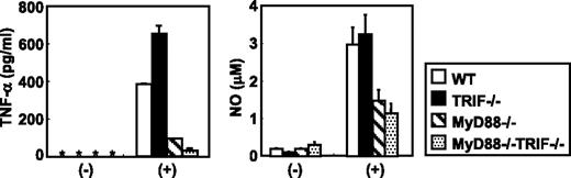 FIGURE 2. Defective production of TNF-α and NO in T. cruzi-infected MyD88−/− macrophages. Peritoneal macrophages from WT, TRIF−/−, MyD88−/−, or MyD88−/−TRIF−/− mice were infected with (+) or without (−) T. cruzi for 6 h, washed to remove the extracellular parasites, and cultured for 24 h. The levels of TNF-α and NO in the culture supernatants were measured. *, Not detected.