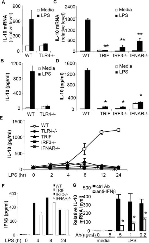 FIGURE 2. Type I IFN production and signaling pathway are required for LPS-induced IL-10 production in BMDMs. WT and TLR4−/− BMDMs were stimulated with medium or 100 ng/ml LPS. The amount of IL-10 mRNA transcript (A) and protein (B) was measured after 4 and 24 h of stimulation, respectively. WT, TRIFLps2/Lps2 (TRIF−/−), IRF3−/−, and IFNAR−/− BMDMs were stimulated with medium or LPS. The amount of IL-10 transcript (C) and protein (D) was measured after 4 and 24 h of stimulation, respectively. E, IL-10 protein levels in the supernatant of WT and different mutant BMDMs stimulated with medium or LPS for the indicated time points. F, WT, TRIFLps2/Lps2 (TRIF−/−), IRF3−/−, and IFNAR−/− BMDMs were stimulated with medium or LPS for 24 h. The amount of IFN-β in the supernatant was measured using ELISA. G, WT BMDMs were stimulated with medium or LPS for 4 h in the presence of incremental doses of Ctrl Ab or IFN-β-blocking Ab (anti-IFN-β). The amount of IL-10 transcript was measured by Q-PCR. Statistical significance of the differences in IL-10 level is indicated (*, p < 0.05, and **, p < 0.01; Student’s t test). Data shown are representative of four independent experiments.