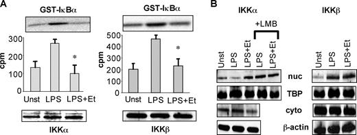 FIGURE 4. Acute alcohol exposure inhibits IKKα and IKKβ activity and protein expression. A, Human monocytes were stimulated with LPS (100 ng/ml) in the presence or absence of 25 mM ethanol for 15 min. Immunoprecipitation (IP) of the cytoplasmic extracts with either IKKα or IKKβ Abs in lysis buffer was performed as described in Materials and Methods. The kinase assays with the GST-IκBα as substrate were also performed as described. The proteins were separated on SDS-PAGE and the gels depict the 32P-phosphorylated GST-IκBα. Data represent the cpm incorporated in the substrate as measured by scintillation counter. *, p < 0.01 compared with LPS; n = 4 individuals). Equal protein in the immunoprecipitation samples was determined by immunoblotting with IKKα or IKKβ Abs. B, Nuclear (Nuc) and cytoplasmic (Cyto) extracts from human monocytes pretreated with leptomycin B (LMB) for IKKα and then stimulated with LPS (100 ng/ml) in the presence or absence of 25 mM ethanol (Et) for 60 min were prepared and immunoblotted with IKKα (left) or IKKβ (right) Abs. The membranes were stripped and blotted for TBP for nuclear blots and β-actin for cytoplasmic blots to demonstrate equal loading. The gels are representative of a total of six individuals.