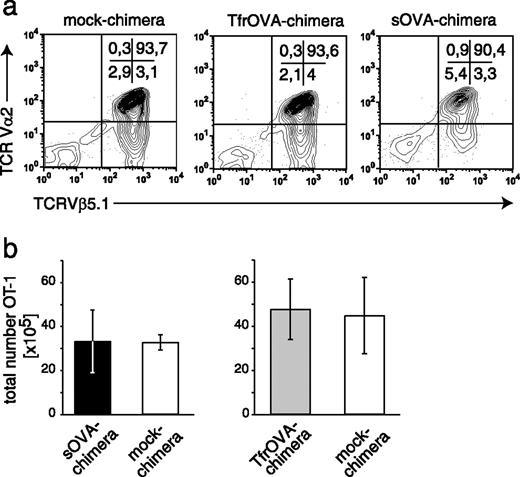 FIGURE 3. B cell-specific Ag expression does not lead to central tolerance induction in TCR-transgenic CD8 T cells. HSPC from OT-1 mice were mock transduced (n = 3) or transduced with SIN-CD19-sOVA-W (n = 4) or SIN-CD19-TfrOVA-W (n = 3) and bone marrow chimeras were generated. Transgenic thymocytes were identified according to their expression of CD4, CD8, Vα2, and Vβ5.1/5.2 by flow cytometry. a, The frequency (SEM ≤3%) and, b, the total numbers of single-positive OT-1 T cells were determined. Dot plots are gated on CD4−CD8+ thymocytes. The data are representative for three (sOVA) and two (TfrOVA) independently performed experiments.