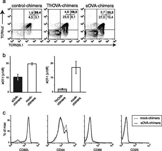 FIGURE 4. Ag expression in B cells induces peripheral tolerance in TCR-transgenic CD8 T cells. HSPC from OT-1 mice were mock transduced (n = 3) or transduced with SIN-CD19-sOVA-W (n = 4) or SIN-CD19-TfrOVA-W (n = 3) and bone marrow chimeras were generated. OT-1 T cells in spleens were identified according to their expression of CD8, Vα2, and Vβ5.1/5.2 by flow cytometry and (a) the frequency (SEM ≤2.2%) and (b) total number of transgenic T cells was determined. Dot plots are gated on CD8+ cells. c, The expression of activation markers by OT-1 T cells was analyzed with mAbs for CD62L, CD44, CD69, and CD25. The data are representative for four (sOVA) or two (TfrOVA) independently performed experiments with similar outcome.