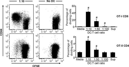 FIGURE 5. In vitro Ag-specific T cell proliferation by protein-pulsed colonic DCs. OVA protein-pulsed colonic DCs from C57BL/6 mice were incubated for 4 days with CFSE-labeled splenic CD8+ or CD4+ T cells from OT-I or OT-II mice, respectively. Representative CFSE dilution and CD44 expression profiles for a DC:T cell ratio of 1:10 and control sample without DCs are shown for CD8+ T cells (top) and CD4+ T cells (bottom). T cell proliferation was measured by dilution of CFSE and is reported as percent of dividing cells. Results are representative of at least three experiments and are presented as mean ± SD. ∗, p < 0.05 relative to corresponding medium controls. #, p < 0.05 relative to corresponding wash supernatant controls.