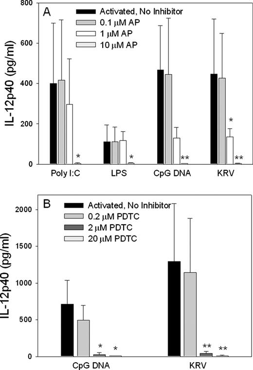 FIGURE 5. Production of IL-12p40 by spleen cells incubated in the presence of KRV, TLR ligands, and inhibitors of TLR signaling. BBDR spleen cells were cultured for 18 h in culture medium alone or culture medium containing LPS (1 μg/ml), CpG (1 μg/ml), poly(I:C) (50 μg/ml), or KRV (2 × 107 PFU/ml) as described in Materials and Methods. To some of the cultures were added the indicated concentrations of the TLR-signaling pathway inhibitors 2AP (A, n = 6 at each data point) or PDTC (B, n = 3 at each data point). The concentration of IL-12p40 in supernatant was determined by ELISA. All data represent the mean ± SD. ∗, p < 0.05 vs no inhibitor; ∗∗, p < 0.01 vs no inhibitor.
