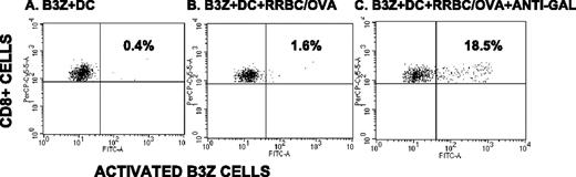 FIGURE 7. Activation of B3Z cells incubated with resealed rabbit RBC ghosts containing OVA. A, Background activation of B3Z cells coincubated with DCs in the absence of resealed rabbit RBC ghosts. B, B3Z cells coincubated with DCs and resealed rabbit RBC (RRBC) ghosts containing OVA. C, B3Z cells coincubated with DCs and resealed rabbit RBC (RRBC) ghosts containing OVA that were opsonized by mouse anti-Gal. Analysis is gated on CD8+ B3Z cells. A representative study of four with similar results is shown.