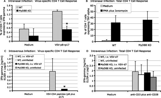 FIGURE 5. MyD88 KO mice have impaired CD4+ T cell response to VSV. Age-matched MyD88 KO and WT male mice (n = 4 for both strains) were intranasally infected with 5 × 105 PFU of VSV. On day 9 postinfection, splenocytes were restimulated with either VSV-specific CD4 epitope peptides or PMA plus ionomycin. The CD4+ T cell response was quantified by intracellular staining for IFN-γ (A) or TNF-α (B). Cells were gated on CD4+ T cells. C and D, MyD88-deficient and WT control mice were infected i.v. with 2 × 106 PFU of VSV. Splenocytes isolated from VSV-infected day 7 MyD88-deficient and WT mice were seeded into 96-well plate at the density of 5 × 105 cells/well and stimulated with VSV-specific CD4 epitope peptides (p8 and p17) at a final concentration of 4 μg/ml (C). In addition, splenocytes were stimulated with immobilized anti-CD3 (20 μg/ml) and soluble anti-CD28 (100 ng/ml; D). After incubation of 72 h, the levels of IFN-γ in culture supernatants were determined by ELISA. Data are means ± SD of duplicate wells. Results are shown as picograms per milliliter. Results are representative of two separate experiments. ∗, p < 0.05.