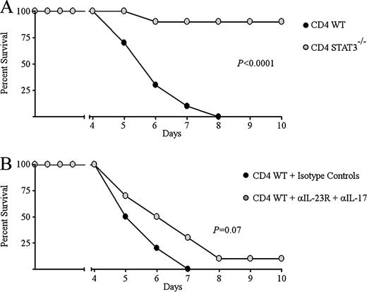 FIGURE 4. CD4 T cell expression of STAT3 is required for the development of fatal autoimmune pneumonitis. A, A lethal dose of HA-specific WT or CD4 STAT3−/− cells were adoptively transferred into C3-HA mice. Results show mortality rate for recipient group. Data are representative of three independent experiments for n = 9 animals/group. B, C3-HA mice adoptively transferred with a lethal dose of HA-specific WT CD4 cells were treated with a combination of anti-IL-23R and anti-IL-17 or isotype controls (n = 5 animals/group). Results show mortality rates in pneumonitis model of C3-HA mice.