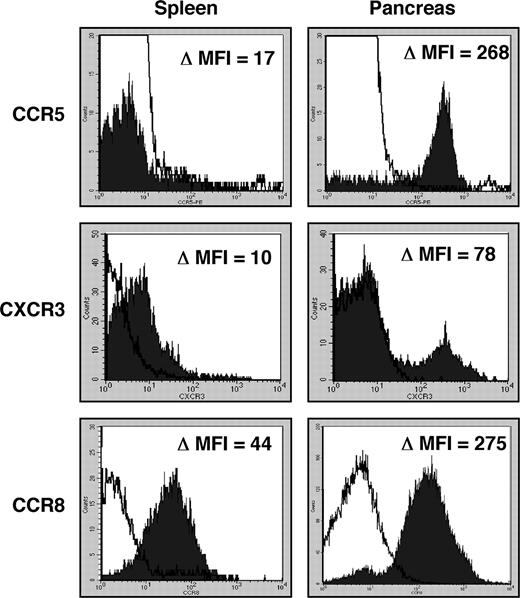 FIGURE 6. Chemokine receptors on CD11b+ macrophages recruited to pancreas after transfer of a pathogenic CD4 T cell clone. Six days following transfer of the pathogenic CD4 Th1 T cell clone BDC-2.5 into young NOD.scid recipients, single-cell suspensions of pancreas or spleen were stained for surface expression of CD11b vs CCR5, CXCR3, or CCR8 and analyzed by flow cytometry. Filled peaks represent specific staining compared with isotype control Ab (unfilled peaks), gated on CD11b+ cells. Each histogram represents data from an individual mouse.
