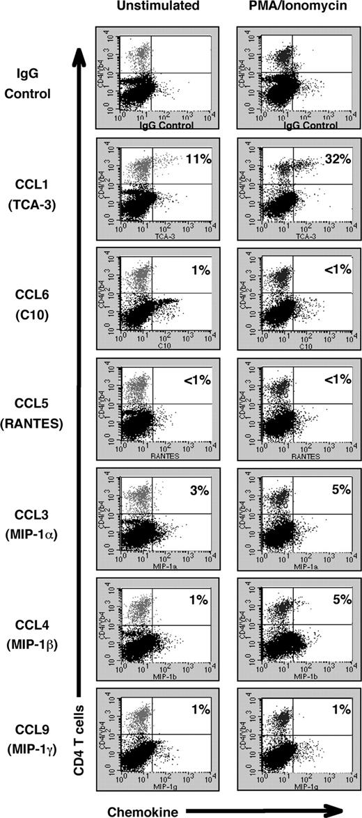FIGURE 7. CCL1 (TCA-3) production ex vivo by the pathogenic clone BDC-2.5 from the pancreas after transfer. Six days after transfer of the T cell clone BDC-2.5 into 9-day-old NOD.scid mice, single-cell suspensions of pancreas (pooled from 3 mice) were incubated in the presence of Brefeldin A, with or without PMA, and analyzed for intracellular staining by flow cytometry. Percentages in the upper right quadrants indicate the proportion of T cells staining positive for the indicated chemokine. A similar pattern of chemokine expression was seen upon repetition of this experiment.