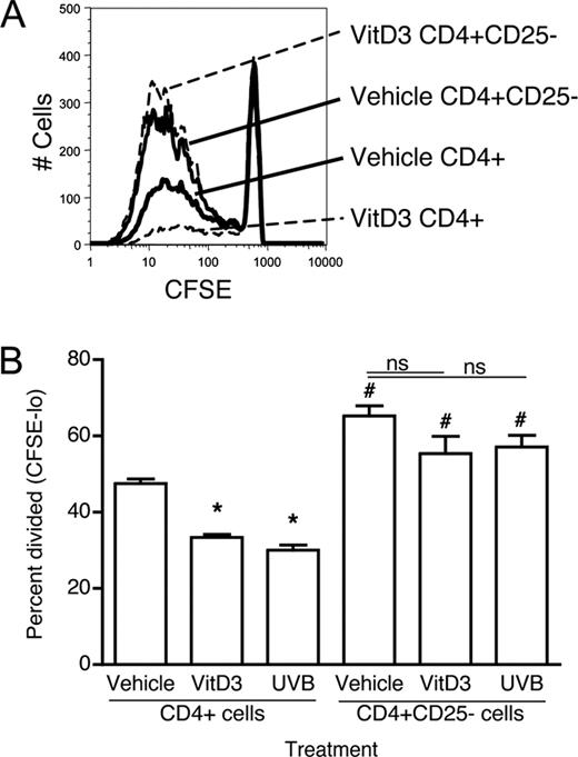 FIGURE 5. Depletion of CD25+ cells from CD4+ cells derived from mice treated with 1,25(OH)2D3 ablated the suppression of proliferation observed in T cell cultures. The shaved dorsal skin of DO11.10 mice was topically treated with vehicle, 125 ng 1,25(OH)2D3 (VitD3) or 8 kJ/m2 UVB. Four days after treatment, CD4+ or CD4+CD25− cells were purified from the SDLN of these mice, labeled with CFSE and cultured with CD11c+ cells purified from the lymph nodes of naive BALB/c mice at a 100:1 ratio with 1 μg/ml OVA323–339 peptide. Proliferation of cells was determined by dilution of CFSE after 92 h of coculture, which are shown as overlays in A, and as the percentage of divided live CD4+ cells (CFSE-lo) in B. ∗, A significant reduction in the percentage of divided cells for CD4+ cells from 1,25(OH)2D3 -treated or UVB-irradiated mice. #, A significant increase in proliferation with the removal of CD4+CD25+ cells by comparing the extent of proliferation observed in cultures containing CD4+ cells with those containing CD4+CD25− cells within treatment groups. ns, Nonsignificant difference in the extent of proliferation was detected for CD4+CD25− cells derived from vehicle and 1,25(OH)2D3-treated or UVB-irradiated mice. Results show mean + SEM where cells were pooled from at least three mice per group and proliferation of cells determined from triplicate wells.