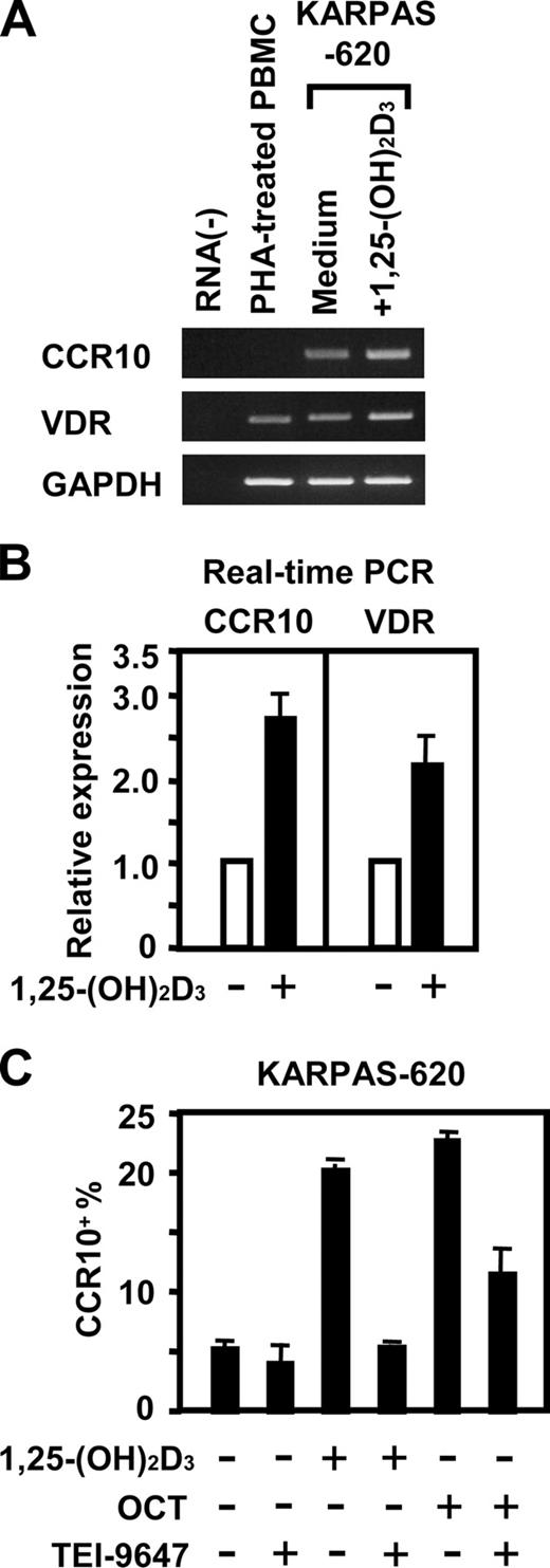 FIGURE 2. Effect of 1,25-(OH)2D3 on CCR10 expression in KARPAS-620 cells. KARPAS-620 cells were cultured with medium only or with 100 nM 1,25-(OH)2D3 for 2 days. A, Semiquantitative RT-PCR analysis for expression of CCR10, VDR, and GAPDH. The representative results from two separate experiments are shown. B, Real-time PCR analysis for CCR10 and VDR. Data represent mean ± SEM from three cultures. The representative results from two separate experiments are shown. C, Effects of OCT and TEI-9647 on the surface expression of CCR10 in KARPAS-620 cells. Cells were cultured for 2 days with medium only or with 1,25-(OH)2D3 (10 nM), OCT (10 nM), and/or TEI-9647 (1 μM), as indicated. Cells were stained with anti-CCR10 and analyzed by flow cytometry. Data represent mean ± SEM from three cultures. The representative results from two separate experiments are shown.