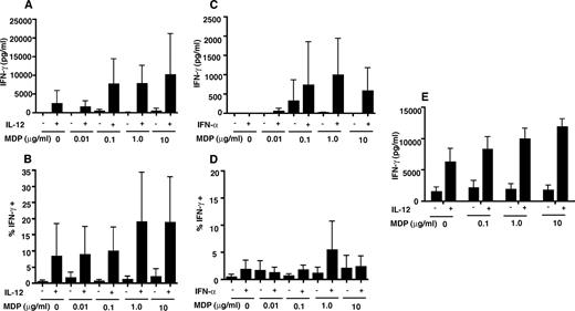 FIGURE 5. MDP synergizes with IL-12 and IFN-α for induction of IFN-γ in NK cells. Purified primary NK cells were stimulated with indicated concentrations of MDP in the presence or absence of 1 ng/ml IL-12 (A) or 50 U/ml IFN-α (B) for 18 h. Sorted primary NK cells were stimulated with indicated concentrations of MDP in the presence or absence of 1 ng/ml IL-12 for 18 h (E). The secretion and the percentage of IFN-γ producing cells were assessed by ELISA and expressed as pg/ml IFN-γ (A, C, and E) or intracellular staining followed by flow cytometric analysis and expressed as percentage CD3−CD56+IFN-γ+ cells (B and D). Error bars show SEM. The data represent the average values obtained for six (A), five (B and D), and three donors (C and E).