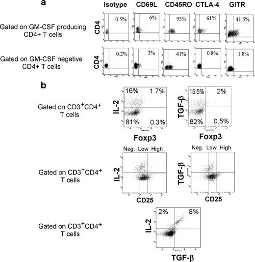 FIGURE 5. Phenotypic characterization of peptide-specific CD4+ T cells. AFP46–55 CD4+ T cell line was restimulated with AFP46–55 peptide and the cells were stained with mAbs to detect surface CD4, CD69L, CD45RO, and GITR molecules, intracellular CTLA-4 and GM-CSF, and intranucleus Foxp3. Isotype control Abs served as negative control staining. a, CD4+ GM-CSF-producing T cells or CD4+ GM-CSF-negative cells were gated and the expression level of surface and intracellular molecules is shown. b, The expression levels of Foxp3 and CD25 in IL-2- and TGF-β-producing AFP46–55 CD4+ T cells are shown. Two independent experiments are performed in T cell lines generated from five other individuals.