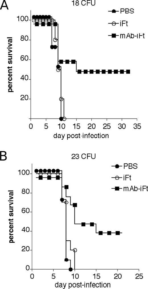 FIGURE 9. Protection against mucosal F. tularensis SchuS4 challenge is also enhanced in mice immunized with mAb-iFt vs iFt. C57BL/6 mice were divided into three groups and immunized i.n. with 20 μl of PBS, 20 μl of 2 × 107 organisms (iFt), or 20 μl of 2 × 107 organisms (mAb-iFt). In the latter case, mAb-iFt was made using 5 μg/ml mAb. Mice were then immunized on days 0, 14, and 28. Mice were then challenged on day 42 i.n. with 18 CFU (A) or 23 CFU (B) (∼10–20 × LD50) of live F. tularensis SchuS4 and subsequently monitored for survival. Survival curves are presented. A and B represent two independent experiments. Each experiment contained 6 mice/group. The increased survival of the mAb-iFt group over that of the PBS and iFt group was significant in A and B (p < 0.01 and p < 0.05, respectively).