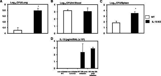 FIGURE 8. Bacterial burden and IL-15 production in WT control and WT mice depleted of NK cells following pulmonary infection with S. aureus. A–C, Twenty hours postinfection the lungs (A), peripheral blood (B), and spleens (C) were taken and subjected to a bacterial colony unit (CFU) assay. Data are expressed as the mean ± SEM of 10 WT control mice and four NK-depleted WT mice. ∗, p < 0.05; compared with WT controls. D, IL-15 production in the lung in pulmonary S. aureus infection. Levels of IL-15 in BAL were measured by ELISA. Data are expressed as the mean ± SEM of 4–6 mice per group.