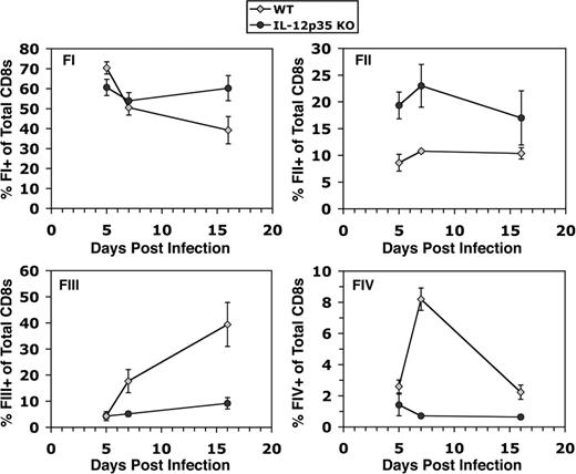 FIGURE 5. Kinetics of CTL subpopulation development in WT and IL-12p35−/− mice after T. gondii vaccination. WT and IL-12p35−/− mice were vaccinated with CPS and sacrificed on day 5 (early activation phase), day 7 (mid-activation phase), and day 16 (contraction phase) postvaccination. PECs were harvested and stained for cell surface activation markers and then analyzed by flow cytometry. KO, Knockout. Each graph follows the development of a single CD8+ fraction over time and is displayed as the percentage fraction positive of total CD8α+ T cells. Values are expressed as mean (n = 3) ± SEM.