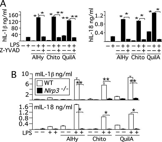 FIGURE 3. Inflammasome activation by particulate adjuvants is mediated by NLRP3. Human PBMC (A) or wild-type (WT) and NLRP3−/− BMM (B) were stimulated for 9 h with LPS (5 ng/ml) in the presence or absence of aluminum hydroxide (AlHy; 130 μg/ml), QuilA (5 μg/ml), or chitosan (Chito) (200 μg/ml). IL-1β or IL-18 was measured in conditioned supernatants (hIL, human IL; mIL, mouse IL). Z-YVAD-FMK (Z-VYAD) is a caspase-1 inhibitor. One experiment representative of two is shown. Values are mean ± SEM. Asterisks denote significant difference vs treatment with LPS alone or treatment in presence of Z-YVAD, as indicated. ∗, p < 0.001; ∗∗, p < 0.005.
