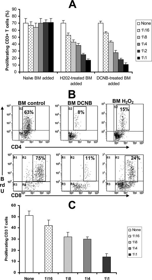 FIGURE 4. Oxidative stress enables myeloid cells to become immunosuppressive. CD11b cells derived from naive murine bone marrow cells were exposed to H2O2 (20 μM) for 45 min or DCNB (30 μM) for 2 h. Cells were then collected, washed with PBS, suspended in complete culture media, and mixed with naive syngeneic splenocytes in a graded manner in 96-well plates. Cultures were stimulated with anti-CD3 (1 μg/ml) and anti-CD28 (5 μg/ml) Abs and cultured for 48 h at 37°C. Proliferation of CD3 T cells (A) and CD4 and CD8 T cells (B) was assessed by incorporation of BrdU in DNA by flow cytometry. In separate experiments, naive bone marrow cells were exposed to 6 μM of H2O2 for 45 min, and then VEGFR1+ cells were isolated with magnetic beads and added to the CD3/CD28-stimulated lymphocyte as described above (C). Proliferation of CD3 T lymphocytes was evaluated by flow cytometry using BrdU assay. All experiments were repeated twice.