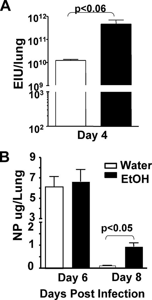 FIGURE 2. Chronic EtOH consumption increases the magnitude and duration of influenza virus infections. EtOH-(black bars) and water-(open bars) conditioned groups of BALB/c mice were infected with a 0.01 LD50 dose of influenza virus and then assessed for pulmonary virus titer (A), and NP loads (B). Data are the mean ± SEM of 5–9 mice/group.