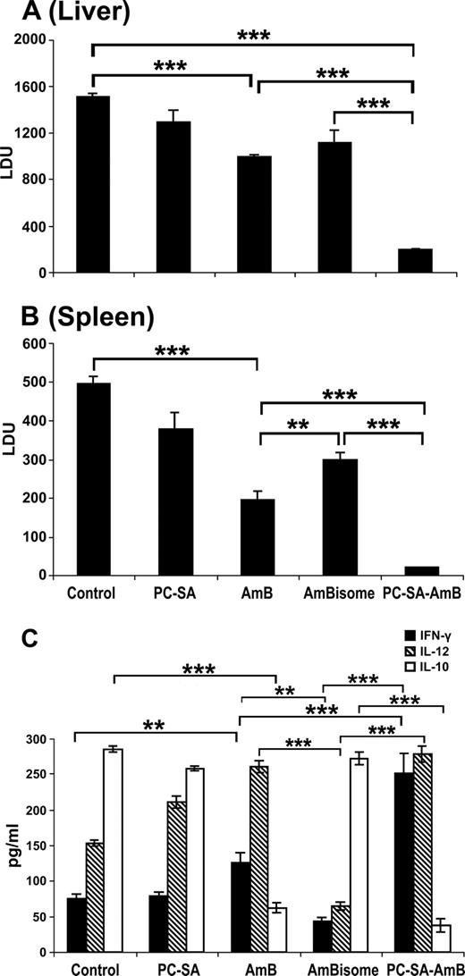FIGURE 8. Evaluation of prophylactic effect of PC-SA-associated AmB. Normal mice were treated once with PC-SA, AmB, AmBisome, and PC-SA-AmB at doses as mentioned in Fig. 3. Animals were infected with parasites 10 days after treatment and sacrificed after 12 wk of infection. Liver (A) and spleen (B) parasite burden. C, IFN-γ and IL-12 were induced, and IL-10 was inhibited in mice prophylactically treated with PC-SA-AmB. Spleen cell culture supernatants of 12-wk-infected BALB/c mice after indicative treatments were analyzed for cytokine secretion through ELISA. Data represent the mean ± SE for five animals per group. Data were tested by ANOVA. Differences between mean were assessed for statistical significance by Tukey’s test (∗∗, p < 0.01; ∗∗∗, p < 0.001).