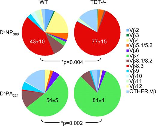 FIGURE 1. Vβ bias within DbNP366+CD8+ and DbPA224+CD8+ T cells in TdT−/− mice. TCRVβ usage within DbNP366+CD8+ and DbPA224+CD8+ T cell populations was compared for B6 and TdT−/− mice at day 10 following primary influenza virus infection. Splenocytes were stained with DbNP366 or DbPA224 tetramers, and anti-CD8α and anti-Vβ mAbs. Tetramer+ CD8+ cells were analyzed for the spectrum of Vβ usage. Data from four to five mice per group are expressed as a pie chart with the mean ± SD of the dominant Vβ shown. ∗, Statistical comparisons (using Student’s t test) are made for the dominant Vβ usage between wt and TdT−/− groups.
