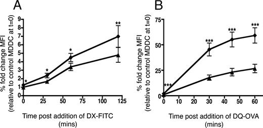 FIGURE 3. Ag uptake and processing capacity of MDDCs. After flow cytometric sorting of control MDDCs and AEC-MDDCs, FITC-labeled dextran (DX) endocytosis (A) and BODIPY-conjugated OVA processing (B) were measured by flow cytometry. Data from 15 independent experiments are presented as mean fold change ± SEM of MFI values of control MDDC (▴) and AEC-MDDC (♦) above MFI of control MDDCs at time 0. ∗, p < 0.05 compared with control MDDC; ∗∗, p < 0.01 compared with control MDDCs; ∗∗∗, p < 0.001 compared with control MDDCs.