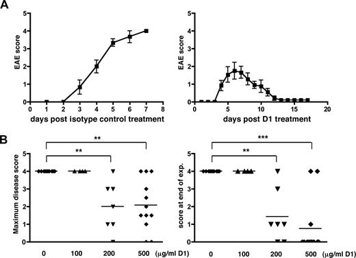 FIGURE 4. mAb D1 prevents lethal EAE of ODC-OVA/OT-I mice. A, Disease course in ODC-OVA/OT-I double transgenic mice treated with 500 μg mAb D on day 7. Left, Control mice (isotype control; n = 10); Right, mAb D1-treated mice (beginning: n = 12, end: n = 10). Mice that had to be euthanized were not included in further scoring. B, Dose-dependent suppression of EAE in day 7-treated ODC-OVA/OT-I double transgenic mice. Left, Maximum score; Right, Score at end of experiment (day 7–17 after treatment).