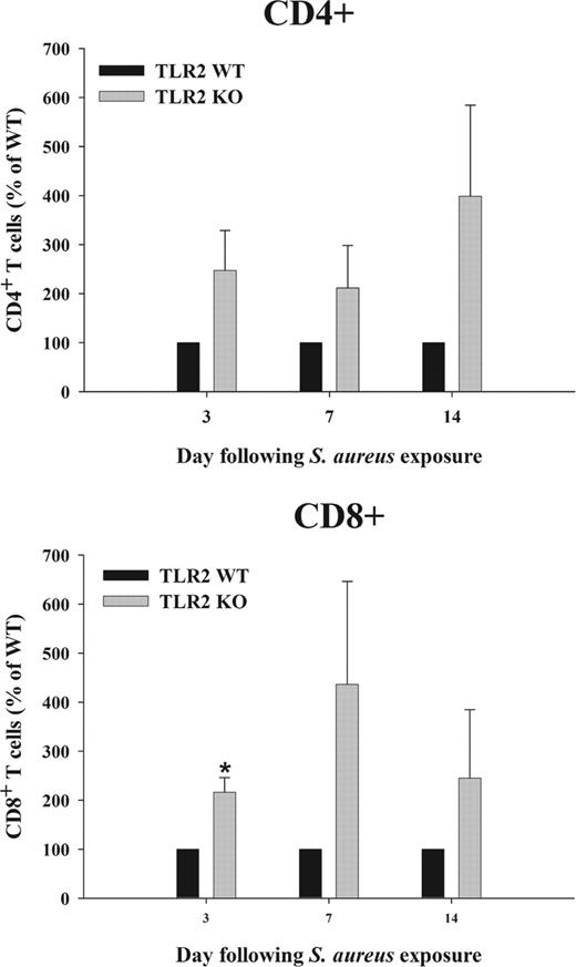 FIGURE 2. CD4+ and CD8+ T cell infiltrates are enhanced in TLR2 KO mice. Abscess-associated cells were recovered from TLR2 KO and WT mice at the indicated days postinfection (n = 4–6 animals per group), whereupon CD3+CD4+ and CD3+CD8+ T cells were quantitated by FACS. Significant differences between TLR2 KO and WT mice are denoted with asterisks (∗, p < 0.05). Results represent the mean ± SEM from three to four independent experiments.