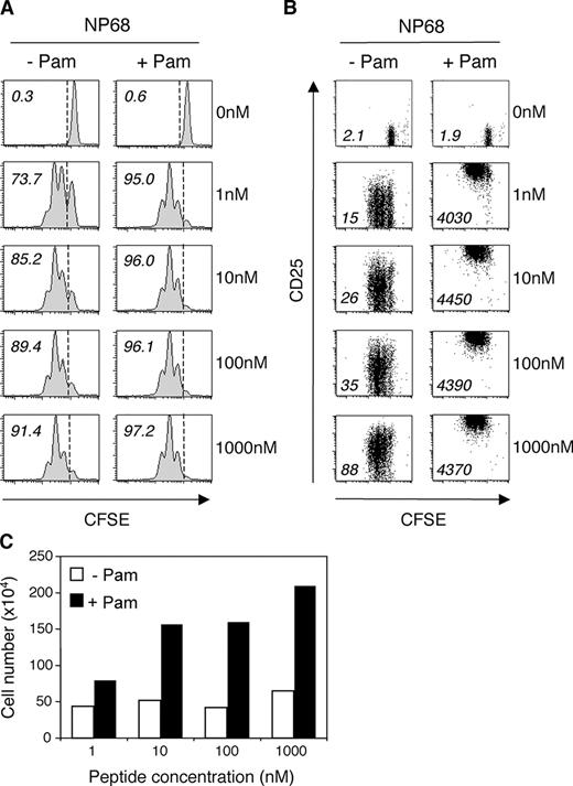 FIGURE 1. TLR2 engagement on CD8 T cells lowers the activation threshold for Ag concentration. Naive CD8 T cells from F5 TCR transgenic mice were kept unstimulated or were activated with a dose range of NP68 peptide alone or in combination with Pam. Cells were labeled with CFSE before culture and, at 48 h, CFSE staining (A) and CD25 expression (B) were analyzed by flow cytometry. Numbers in the histograms indicate the percentage of cells that underwent cell division, and numbers in dot plots indicate the geometric mean fluorescence intensity for CD25. C, Viable cell numbers were measured by flow cytometry using Calibrite allophycocyanin beads as standard. Results are representative of three independent experiments.