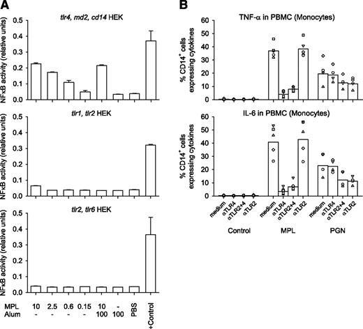 FIGURE 1. MPL acts as a TLR4 agonist. A, HEK cells transfected with tlr4, md2, and cd14; with tlr1 and tlr2; or with tlr2 and tlr6 were stimulated with MPL, aluminum hydroxide (Alum), or both at indicated concentrations (μg/ml), PBS or positive controls (+ controls) in LPS (0.1 μg/ml) (top), PAM3CSK4 (5 μg/ml) (middle), and PAM2CSK4 (5 μg/ml) (bottom). Cells were plated at 2 × 105 cells/well in 24-well plates 24 h before stimulation. Data represent the mean relative levels of secreted alkaline phosphatase activity as a measure of NF-κB activity (in triplicate cultures). Error bars describe SDs. B, The proportion of TNF-α- and IL-6-positive human CD14+ monocytes in PBMC cultures (5 × 105 cells/well; 96-well plate) stimulated for 6 h with MPL (0.1 μg/ml), or peptidoglycan (PGN, 0.1 μg/ml), in presence of medium (control), an anti-TLR2- or an anti-TLR4-blocking Abs. Data represent geometric mean and the symbols represent the data points from each of the donor samples tested (n = 5 donors).