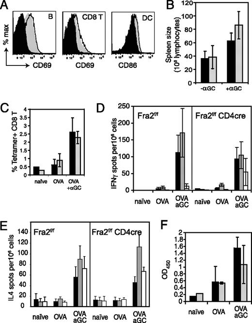 FIGURE 5. CD4cre Fra-2f/f iNKT cells in an immune response. A, Expression of activation markers on lymphocytes, 6 h after i.p injection of 5 μg of α-GalCer. Dark gray, unstimulated; light gray, Fra-2f/f; black line, Fra-2f/fCD4cre. B, Spleen expansion 72 h after i.p injection of 4 μg of α-GalCer from Fra-2f/f (black bars) or Fra-2f/fCD4cre (gray bars) mice; n ≥ 4, error bars show SD. C, SIINFEKL Kb tetramer staining of CD8 T cells from Fra-2f/f (black bars) and Fra-2f/fCD4cre (gray bars) spleen, 6 days after OVA/α-GalCer immunization; n = 2 (naive), 3 (OVA), and 4 (OVA/α-GalCer). Error bars show SEM. D, ELISPOT of spleen, 13 days after OVA/α-GalCer immunization, for IFN-γ production in response to: black bars, SIINFEKL; gray bars, TEWT; white bars, ISQ; n = 3, data shown as averages ± SD. E, ELISPOT of spleen, 13 days after OVA/α-GalCer immunization, for IL-4 production in response to: black bars, SIINFEKL; gray bars, TEWT; white bars, ISQ; n = 3, data shown as averages ± SD. F, ELISA for IgG in serum 13 days after OVA/α-GalCer immunization; n = 3, data shown at 50-fold dilution of serum. Histogram shows averages ± SD. Fra-2f/f, black bars; Fra-2f/fCD4cre, gray bars.