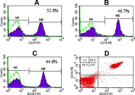 FIGURE 1. CD19+ B cells in the TDLNs. TDLN cell suspension was prepared from freshly harvested TDLNs and stained with FITC-anti-CD3 (A), PE-anti-CD19 (B), or FITC-anti-B220 (C), respectively, or double-stained with PE-anti-CD19 and FITC-anti-B220 (D). Stained cells were then analyzed by flow cytometry using a FACScan flow microfluorometer as described in Materials and Methods. Data are representative of five experiments performed.
