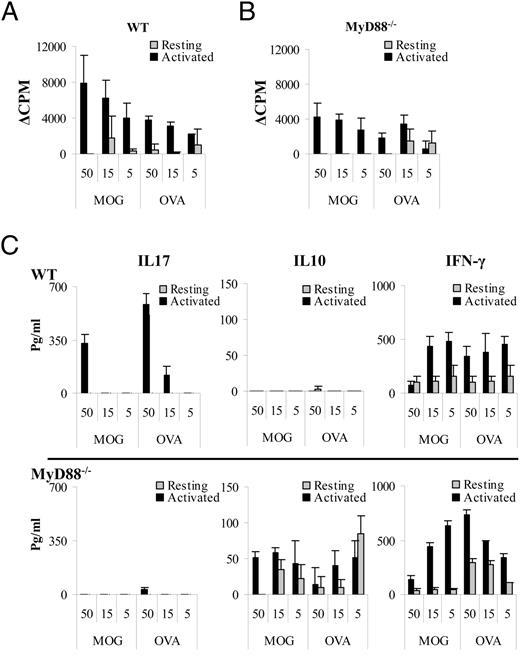 FIGURE 6. Antiergotypic and anticlonotypic responses of WT and MyD88−/− mice. WT and MyD88−/− mice were immunized with WT anti-MOG35–55 T cell blasts. Proliferation of DLN cells from WT (A) and MyD88−/− mice (B) was tested in response to decreasing amounts of irradiated activated and resting anti-MOG35–55 T cells (“MOG”) or anti-OVA323–339 T cells (“OVA”). C, Cytokine responses of DLN cells to activated and resting anti-MOG35–55 (“MOG”) or anti-OVA323–339 (“OVA”) T cells. The graphs show one of two independent experiments, each containing three mice per group.
