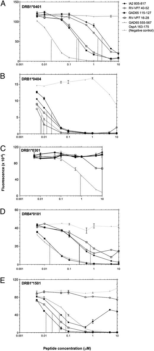 FIGURE 2. Binding of sequence-similar peptides from IA2, GAD65, and RV-VP7 to HLA-DRB1*0401 (A), *0404 (B), *0301 (C), DRB4*0101 (D), and DRB1*1501 (E). Vertical dotted lines define the IC50. Data are mean ± SEM; n = 3.