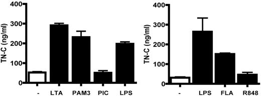 FIGURE 5. Induction of tenascin-C expression by specific inflammatory stimuli in MDDCs. Tenascin-C protein in MDDCs either left unstimulated (−) or after stimulation with LTA, PAM3, LPS, poly(I:C) (PIC), flagellin (fla), or R848 for 24 h. Data are shown as the average of triplicate values from a single representative experiment from a total of three independent donors (± SD). fla, flagellin; PIC, poly(I:C).
