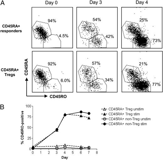 FIGURE 4. CD45RA+ Tregs acquire expression of CD45RO after stimulation in vitro. A, Dot plots showing expression of CD45RA and CD45RO by stimulated CD45RA+ Tregs and Tresps at days 0, 3, and 4 of in vitro stimulation with anti–CD3- and anti–CD28-coated beads. B, Graph showing CD45RO expression by CD45RA+ Tregs and responders over 7 d of in vitro stimulation, as above.
