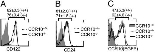 FIGURE 3. Normal development of Vγ3+ sIEL precursors in fetal thymi of CCR10-knockout mice. A and B, Comparison of CD24 and CD122 expression on E16 fetal Vγ3+ thymocytes of CCR10EGFP/EGFP (CCR10−/−) and wild-type (CCR10+/+) littermates by flow cytometry. More than five mice of each genotype were analyzed. C, FACS analysis of EGFP expression on gated Vγ3+ γδ T cells of CCR10EGFP/EGFP mice versus CCR10+/EGFP (CCR10+/−) mice. The staining of wild-type cells was used as a negative control for EGFP expression.