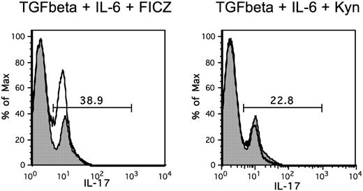 FIGURE 6. FICZ but not kynurenine enhances Th17 cell differentiation in vitro. Naive CD4+CD25− T cells were isolated from B6 WT spleens and cultured in the presence of immunomagnetic microbeads coated with anti-CD3/anti-CD28 Abs, TGF-β (4 ng/ml), and IL-6 (20 ng/ml) for 5 d. FICZ (200 nM) or kynurenine (50 μM) was added at the start of culture. Cells were then stimulated for 6 h in the presence of PMA, ionomycin, and brefeldin A, at which time they were harvested and surfaced stained for CD4. This was followed by intracellular staining for IL-17. Numbers are the percent of live CD4 T cells expressing IL-17. Solid thick line is experimental histogram, and shaded histogram is control (anti-CD3/CD28, TGF-β, and IL-6 alone). Number above gate is the percent IL-17 positive of experimental histogram. Percent IL-17 positive of control histogram is 15.4. Figure is representative of two independent experiments.