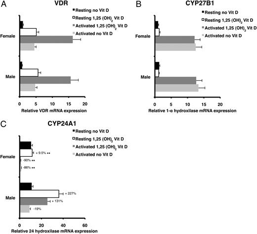 FIGURE 5. CYP24A1 transcript induction is lower in self-reactive T cells from females. Resting and activated MBP and MOG peptide-specific T cells were cultured in the presence and absence of 1,25-(OH)2D3 (10 nM). After 3 d of culture, mRNA was extracted and VDR (A), CYP27B1 (B), and CYP24A1 (C) gene expression was quantified by RT-PCR. Values obtained were normalized to the housekeeping gene GAPDH. Values are expressed relative to mRNA, with a minimum of 1.0 assigned to the group with the lowest gene expression. In A and B, the level of mRNA in female resting cells not treated with vitamin D3 is set at 1. In C, the level of mRNA in female activated vitamin D3-treated cells is set at 1. Values are reported as mean ± SEM from 30 MBP and 15 MOG peptide-specific TCLs isolated from 17 female and 15 male MS patients. In C, percentages indicate changes in CYP24A1 transcript expression under different conditions compared with resting cells in the absence of 1,25-(OH)2D3. **p < 0.0001 versus male 1,25-(OH)2D3–treated cells.