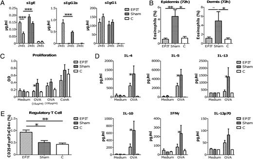 FIGURE 8. Effect of EPIT on systemic and local immune responses. A, OVA-specific IgE, IgG2a, and IgG1 were measured in the plasma of mice at the beginning (day 24) and at the end (day 81) of the treatment period. At the end of the experiment, EPIT, sham, and control mice received a 48-h application of OVA-EDS onto intact skin. B, Twenty-four hours after stopping the application, skin tissue was harvested, and the epidermis and dermis were separated for preparation of cell suspension and flow cytometry analysis. Percentages of eosinophils were measured according to the forward scatter and side scatter profile and the expression of CD11b and Gr-1. C and D, Spleens were also harvested, and single-cell suspensions were prepared for in vitro culture to measure OVA-specific cellular proliferation (C) and OVA-specific cytokine production (D). E, At the same time, the proportion of Tregs in spleen was evaluated by CD25 and Foxp3 expression in CD3+CD4+ cells by flow cytometry. *p < 0.05, **p < 0.01, ***p < 0.001, ∼p = 0.051.