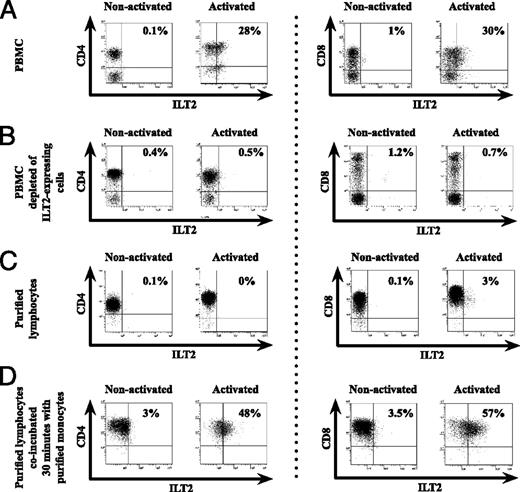 FIGURE 1. ILT2 expression by T cells requires activation and the presence of ILT2-expressing APC. Flow cytometry analysis of ILT2 expression by nonactivated or activated CD4+ and CD8+ T cells. Left panels, CD4+ T cells; right panels, CD8+ T cells. A, CD4+ T cells and CD8+ T cells within nonactivated or activated PBMC. B, CD4+ T cells and CD8+ T cells within nonactivated or activated PBMC depleted of ILT2-expressing cells. C, Highly purified CD4+ and CD8+ T cells from the same PBMCs. D, Highly purified CD4+ T cells and CD8+ T cells from the same PBMCs after a 30-min coincubation with purified autologous monocytes at a 1:1 ratio. Percentage of ILT2 expression is indicated. Experiment shown is representative of 15 independent experiments.