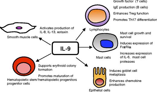 FIGURE 2. IL-9 is a pleiotropic cytokine. IL-9 has direct and indirect effects on multiple cell types that affect the development of immunity and inflammation.