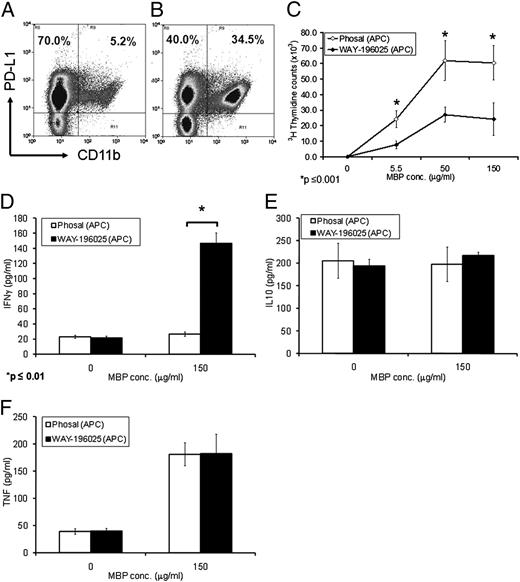 FIGURE 5. Coculture of anti-MBP TCR transgenic T cells with APCs isolated from cPLA2α inhibitor-treated mice results in reduced proliferation of transgenic T cells and production of higher amounts of IFN-γ. A–F, MBP1–19-immunized WT B10.PL donors were dosed subcutaneously once per day with vehicle or cPLA2α inhibitor (WAY-196025) for 8 d, spleens were harvested, and APCs isolated by negative selection as described in Materials and Methods. Purified APCs were stained and analyzed by flow cytometry (A, Phosal; B, WAY-196025). Irradiated APCs (2000 rads) from above were cocultured with anti-MBP TCR transgenic CD4+ T cells isolated from spleen and lymph nodes of naive, untreated anti-MBP TCR transgenic mice (C). Coculture was carried out in various concentrations of MBP1–19 for a total of 96 h, and cells were pulsed with [3H]thymidine during the last 14–18 h of culture. Data are shown as mean ± SD of six wells. Supernatants from the above culture were collected after 72 h, and the amounts of IFN-γ, IL-10, and TNF were determined in the pools of supernatants of six wells (D–F). Data shown are representative of two independent experiments. The p values for each significant data point (marked with an asterisk) are indicated below each graph.