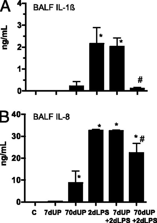 FIGURE 5. Chronic amniotic exposures to U. parvum decreased IA LPS-induced lung cytokine proteins. Cytokine proteins in the BALF were measured by ELISA IL-1β (A) and IL-8 (B). *p < 0.05 versus control, #p < 0.05 versus 2-d LPS.