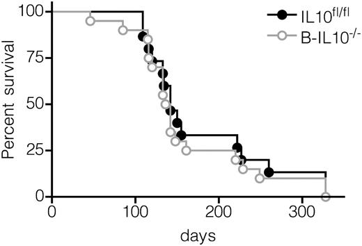FIGURE 5. IL-10 produced by B cells confers no survival advantage. Kaplan–Meier survival curves of IL10fl/fl (n = 15; 9 females and 6 males) and B-IL10−/− (n = 20; 12 females and 8 males) mice.