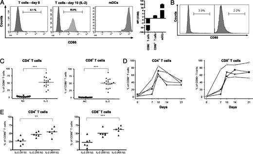 FIGURE 1. IL-2 upregulates CD86 expression on T cells which are of effector/memory phenotype. A, PBMCs from healthy blood donors were cultured with 100 IU of IL-2. Mature DCs were generated from isolated monocytes after culturing them with IL-4 and GM-CSF for 8 d and subsequently treating them with 1 μg/ml LPS for 2 d. Thereafter, cells were analyzed by flow cytometry for expression of CD86 on DCs and T cells (left panel) (results from one representative experiment are shown, n = 4). Mean fluorescence intensity (MFI) detected for CD86 expressed on T cells and mature DCs are presented as bar graphs (right panel). B, Expression of CD80 on T cells before and after 10 d of IL-2 exposure was analyzed by flow cytometry. Results from one representative of four independent experiments are shown (n = 4). C, PBMCs from healthy donors (n = 16) were cultured in the presence of 100 IU of IL-2 for 10 d, after which CD86 expression on T cells was measured by flow cytometry. ***p < 0.0001, two-tailed paired t test. D, Kinetics of CD86 expression on T cells by IL-2: PBMCs from four healthy donors were cultured in the presence of 100 IU of IL-2 for 21 d, and CD86 expression on T cells was subsequently monitored by flow cytometry. Results are expressed as percentage of CD86+ cells among the CD4+ and CD8+ T cells (●, donor 1; ○, donor 2; ▼, donor 3; △, donor 4). (E) Dose-response curve for IL-2–induced CD86 expression on T cells: PBMCs derived from six healthy blood donors were cultured in the presence of increasing concentrations of IL-2 (50–400 IU/ml). After 10 d of culturing, CD86 expression on CD3+ T cells was measured by flow cytometry. Results are expressed as the percentage of CD86+ T cells among CD4+ and CD8+ T cells. **p < 0.001, ***p < 0.0001, ANOVA.
