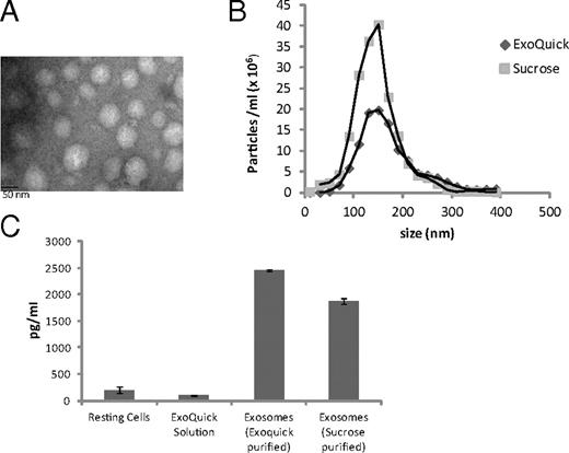 FIGURE 1. Comparison of exosomes purified on a linear sucrose gradient versus ExoQuick. Exosomes were isolated from cell culture supernatants of M. smegmatis-infected or uninfected RAW264.7 macrophages. Exosomes were purified using the ExoQuick precipitation solution or on a linear sucrose gradient (0.25 M–2.5 M). (A) The exosomes were characterized morphologically by TEM. (B) The exosomes were characterized for size distribution and quantitated by NanoSight LM10, using light scatter from the 635-nm red laser. (C) RAW264.7 macrophages were seeded in a six-well plate and were left untreated or treated with exosomes at 40 μg/ml for 16 h. The cell culture supernatants were tested for TNF-α levels by ELISA.