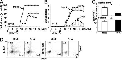 FIGURE 4. DHA treatment prevented the onset of EAE. (A) EAE was elicited in mice with CFA-MOG injection. Mice were also treated with DHA (dashed line) or mock (solid line) during the first 7 d of EAE elicitation. The numbers of mice with clinical scores >1 were recorded. The results for 12 mice in one experiment of three are shown. (B) As described in (A), mice were injected with CFA-MOG to elicit EAE and were treated with DHA (dashed line) or mock (solid line). Clinical scores were recorded every day thereafter. The mean clinical scores ± SEM of 12 mice in one experiment of three are shown. *p < 0.05. (C) As described in (A), mice were injected with CFA-MOG to elicit EAE and were treated with DHA (solid bar) or mock (open bar). The numbers of lymphocytes infiltrating the spinal cord (upper panel) and total splenocytes (lower panel) in mice were counted after treatment. The means ± SD of six mice are shown. (D) As described in (A), mice were injected with CFA-MOG to elicit EAE and were treated with DHA or mock. Lymphocytes were isolated from the spinal cords and spleens of mice with a clinical score of 2. The fractions of IL-17A– and IFN-γ–producing CD4+ T cells were determined by intracellular staining and flow cytometry. Results are representative of at least three experiments.